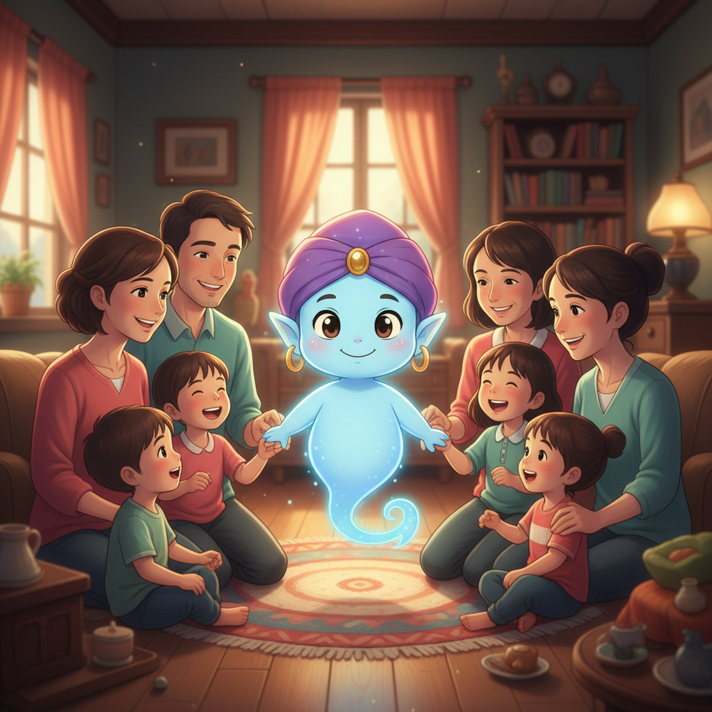 Kiki Genie mascot helping plan a family gathering